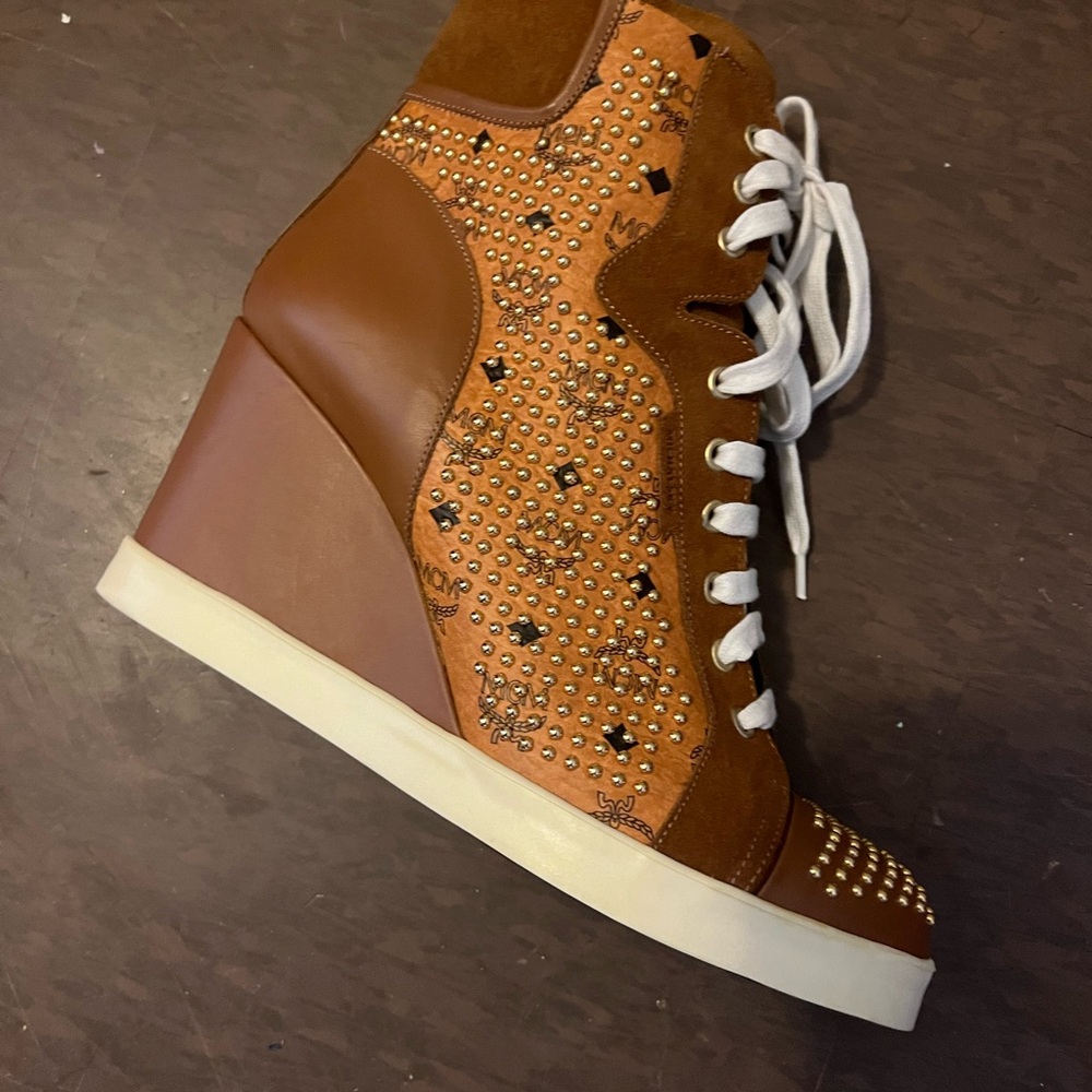 Authentic Brown MCM Studded Wedge Sneakers